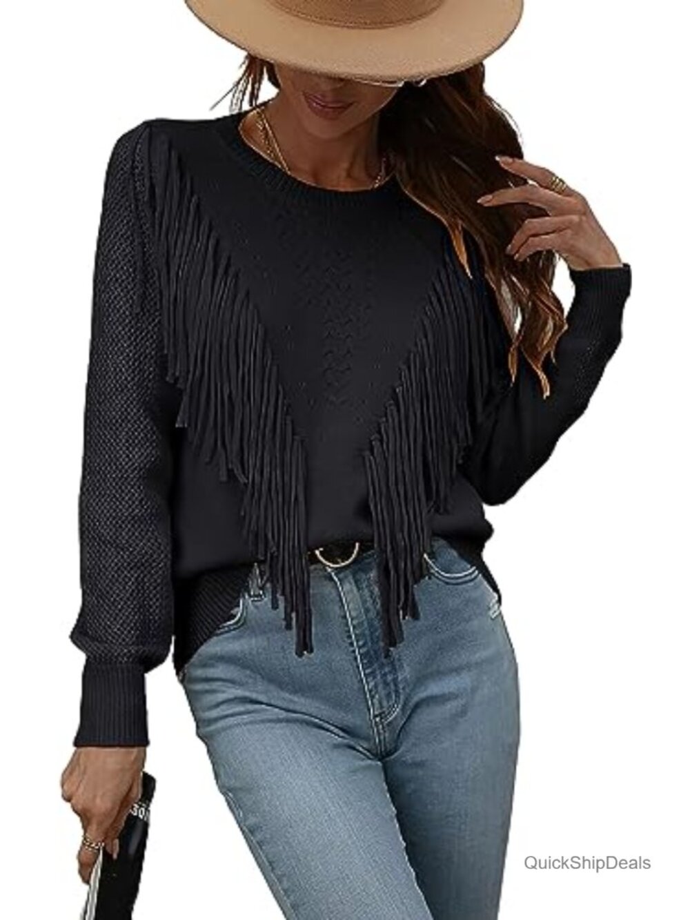 Fringe Tassel Crochet Knit Sweater Pullover Long Sleeve Crewneck Fall Women's